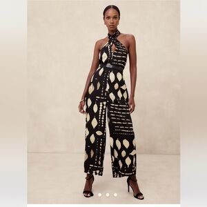 NWT wrap-halter black and cream print jumpsuit